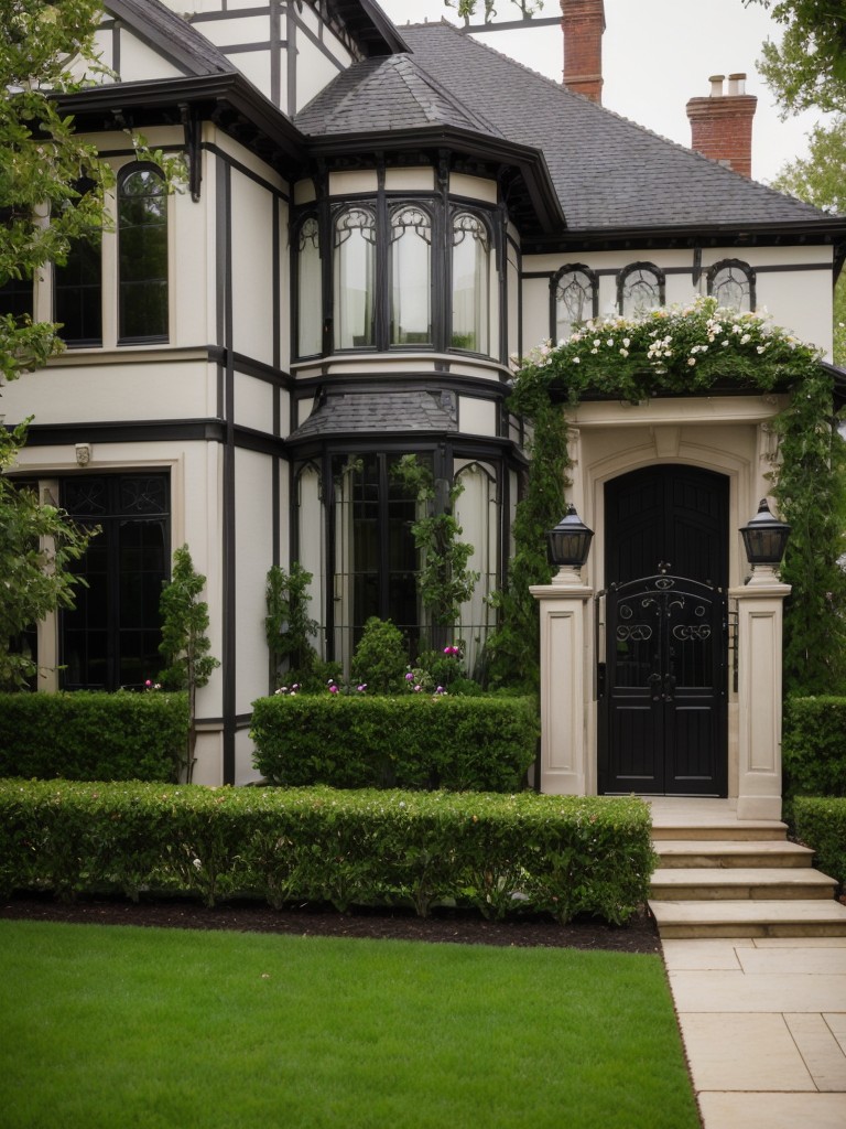 victorian-frontyard-designs-ornate-wrought-iron-gates-manicured-hedges-elegant-flower-arrangements-exuding-elegance-charm