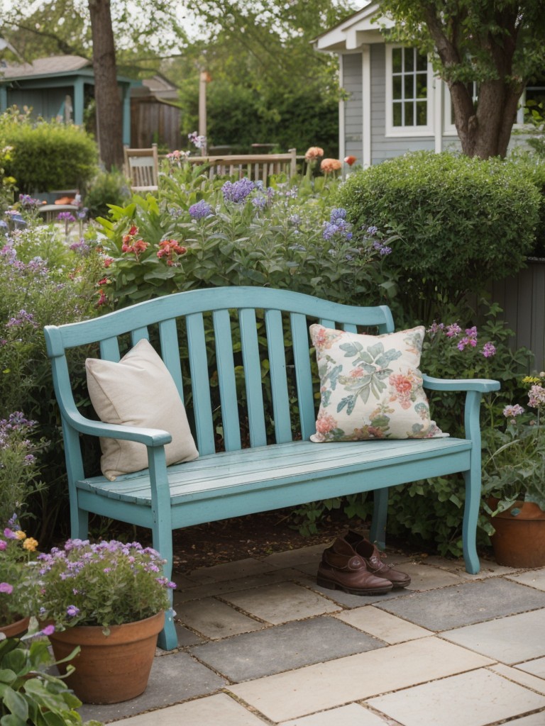eclectic-frontyard-mix-different-styles-elements-such-vintage-bench-whimsical-sculptures-variety-colorful-plants