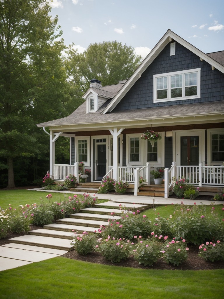 modern-cottage-frontyard-picket-fence-climbing-roses-cozy-seating-area-enjoying-cup-tea-book