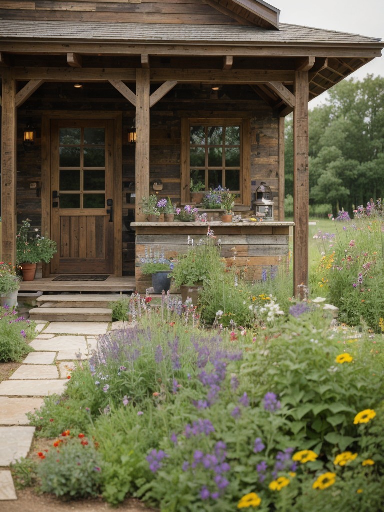 rustic-farmhouse-frontyard-reclaimed-wood-elements-vintage-garden-tools-charming-mix-wildflowers-herbs