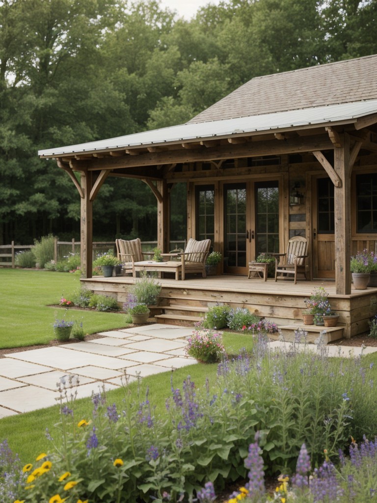 rustic-frontyard-design-ideas-inspired-country-charm-weathered-wood-accents-vintage-garden-furniture-wildflower-meadows