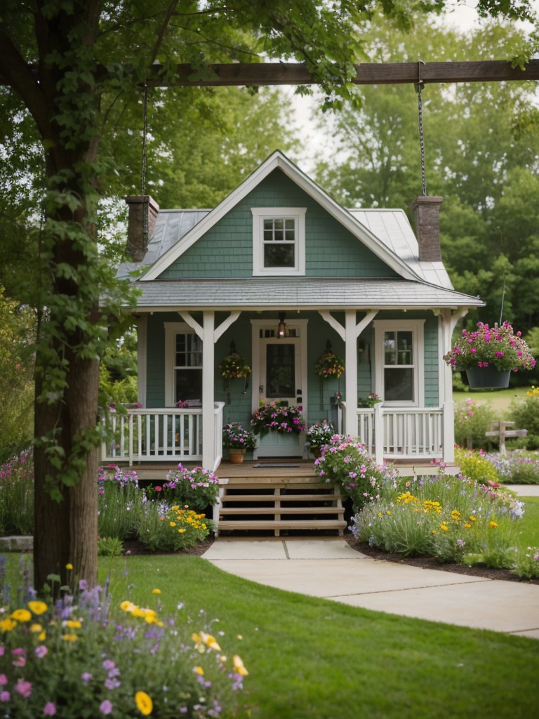 cottage-style-frontyard-inspiration-colorful-flowers-picket-fences-cozy-swing-to-evoke-charming-whimsical-atmosphere