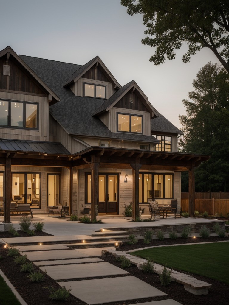 modern-farmhouse-frontyard-designs-combining-sleek-architecture-rustic-wood-elements-chic-outdoor-lighting-timeless-look