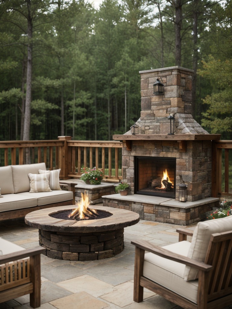 rustic-frontyard-design-natural-elements-wooden-furniture-cozy-outdoor-fireplace
