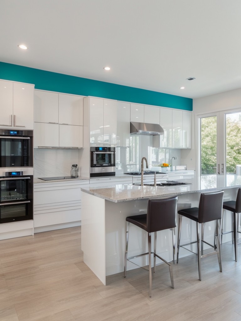 contemporary-kitchen-ideas-sleek-stainless-steel-appliances-glossy-white-cabinets-pop-vibrant-color-eye-catching-look