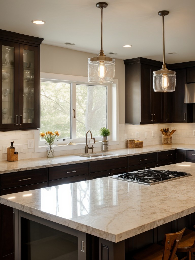transitional-kitchen-ideas-blend-traditional-modern-elements-featuring-mix-glass-front-cabinets-quartz-countertops-decorative-pendant-lighting