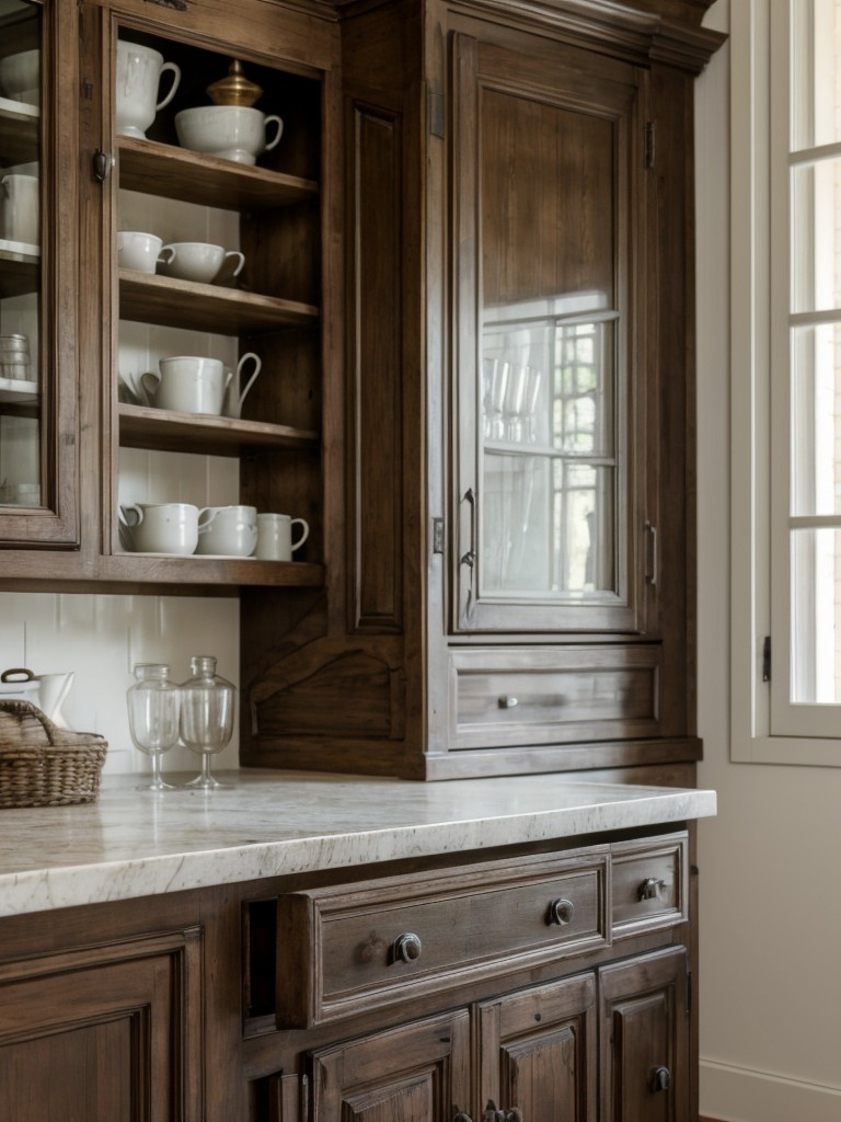 french-country-kitchen-aesthetic-distressed-cabinetry-ornate-hardware-farmhouse-table