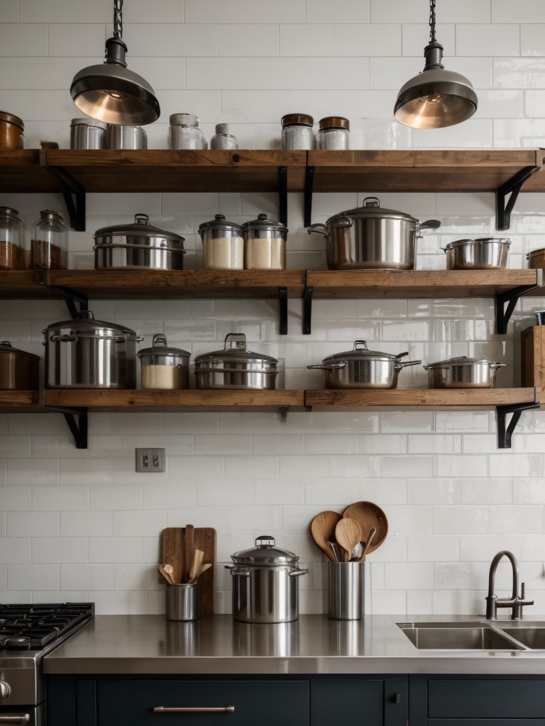 industrial-kitchen-style-exposed-brick-walls-stainless-steel-appliances-open-shelving-showcasing-dishes-cookware