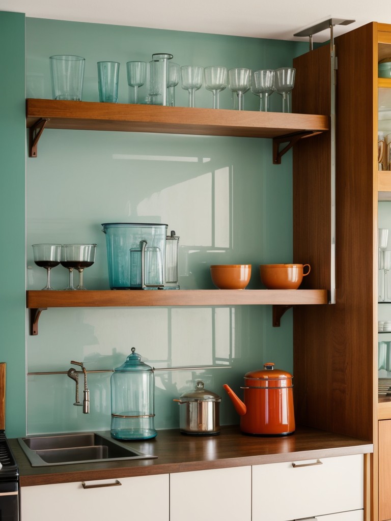 mid-century-modern-kitchen-retro-inspired-furnishings-bold-colors-open-shelving-to-display-vintage-dishes-glassware