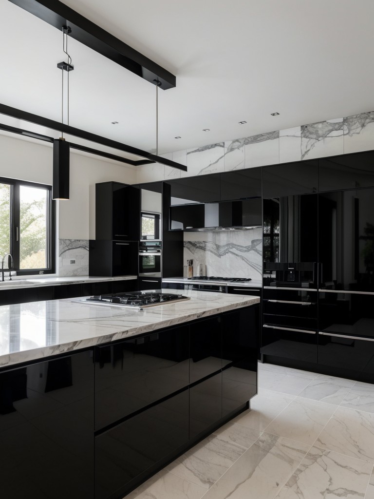 sleek-sophisticated-black-white-kitchen-design-featuring-glossy-cabinetry-statement-marble-backsplash
