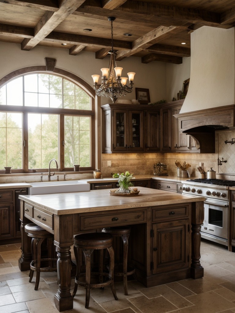 french-country-kitchen-concept-elegant-detailing-rustic-provincial-feel-complete-ornate-chandeliers-distressed-wood-furnishings