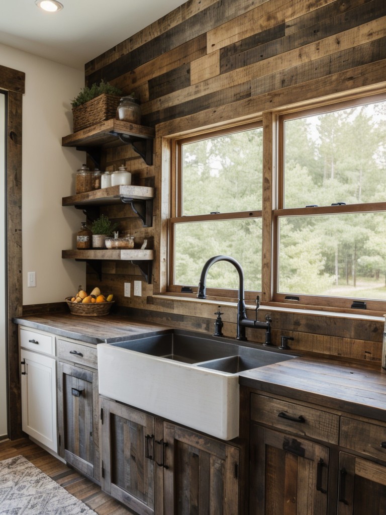 incorporating-reclaimed-wood-rustic-look-installing-farmhouse-sink-added-charm-utilizing-open-shelving-to-showcase-rustic-kitchen-accessories