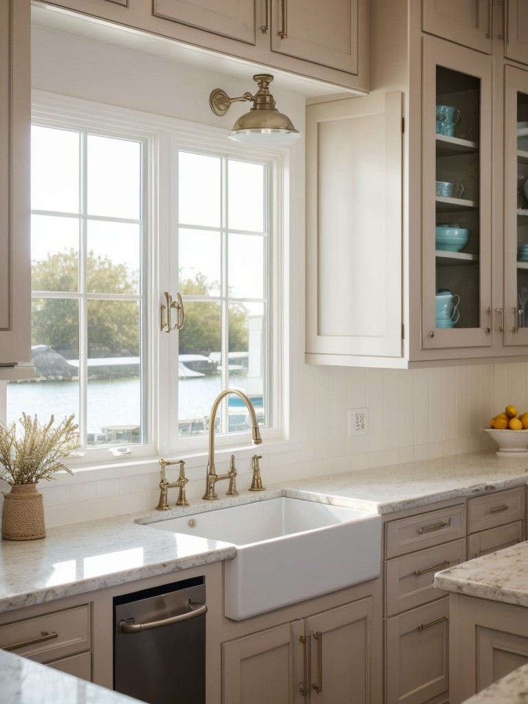 using-light-colored-cabinets-countertops-fresh-look-incorporating-decorative-nautical-accents-such-seashells-rope-adding-large-window-to-maximize-natu