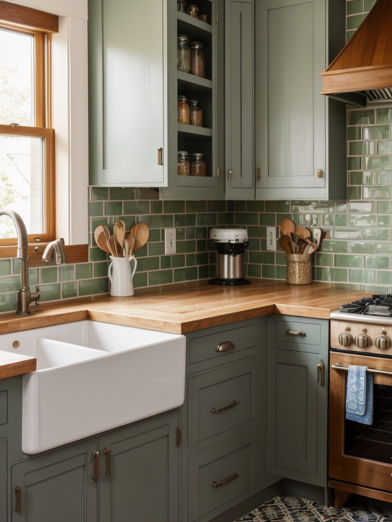 eclectic-kitchen-ideas-mix-different-styles-patterns-such-patterned-tiles-colorful-cabinets-vintage-inspired-accessories