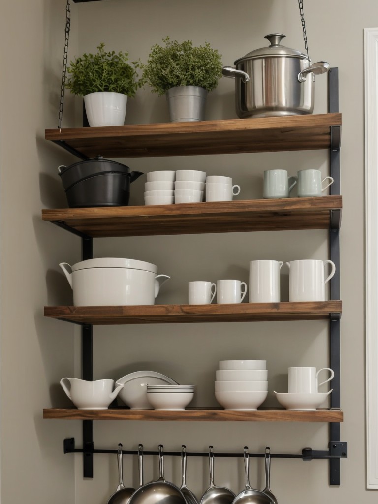 utilize-vertical-space-installing-floating-shelves-hanging-racks-pots-pans