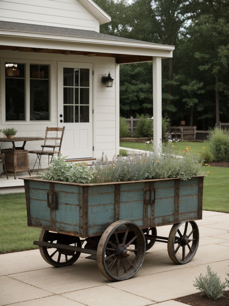 farmhouse-inspired-backyard-decor-ideas-incorporating-vintage-furniture-galvanized-accents-repurposed-items-such-old-wagon-turned-into-planter