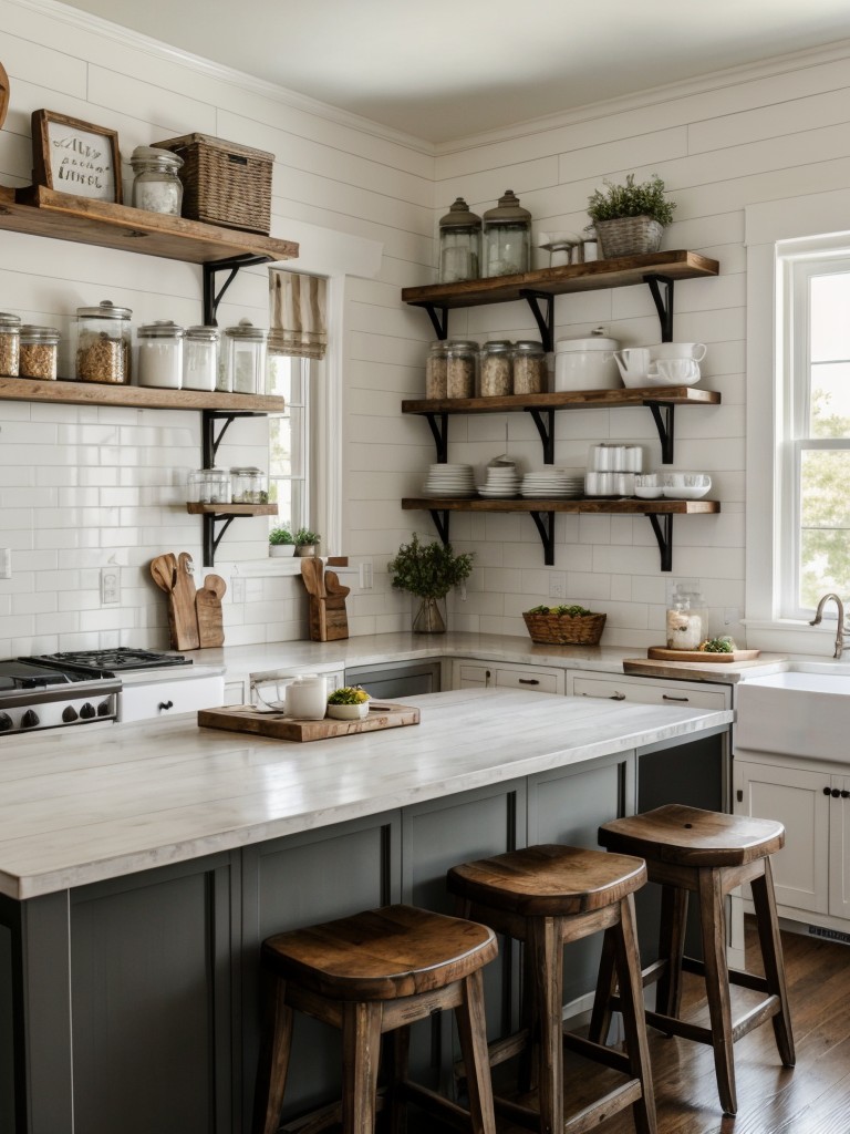 farmhouse-inspired-kitchen-distressed-white-finish-open-shelving-cozy-breakfast-bar
