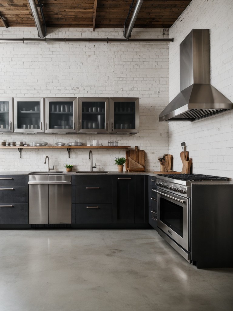 industrial-chic-kitchen-exposed-brick-walls-stainless-steel-appliances-sleek-concrete-countertops