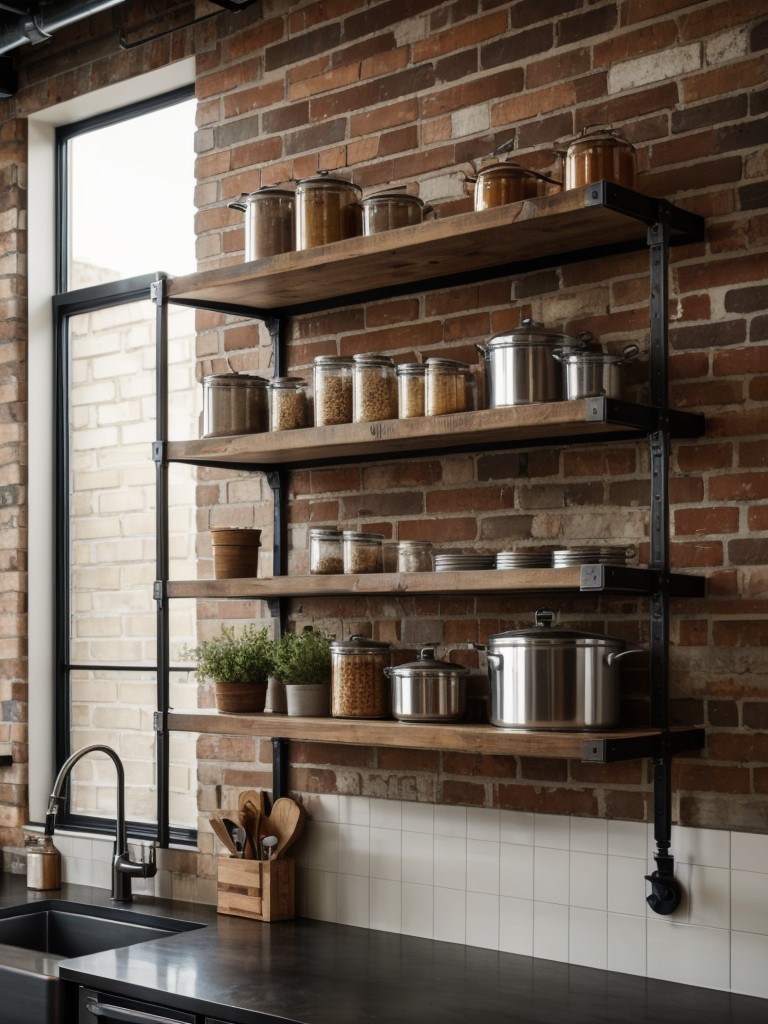 industrial-kitchen-design-exposed-brick-walls-metal-accents-open-shelving-showcasing-kitchenware