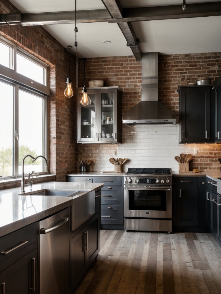 industrial-kitchen-ideas-raw-unfinished-look-exposed-brick-walls-metal-accents-using-stainless-steel-appliances-pendant-lighting