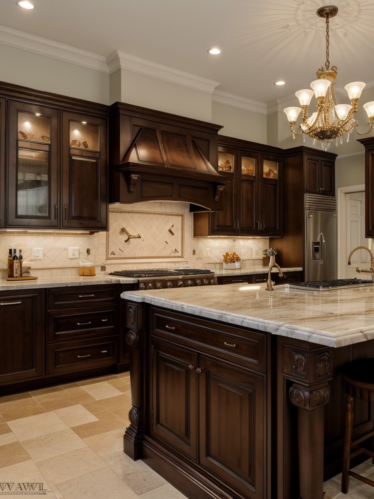 traditional-kitchen-ideas-timeless-elegance-rich-wood-cabinetry-ornate-details-including-classic-chandelier-marble-countertops