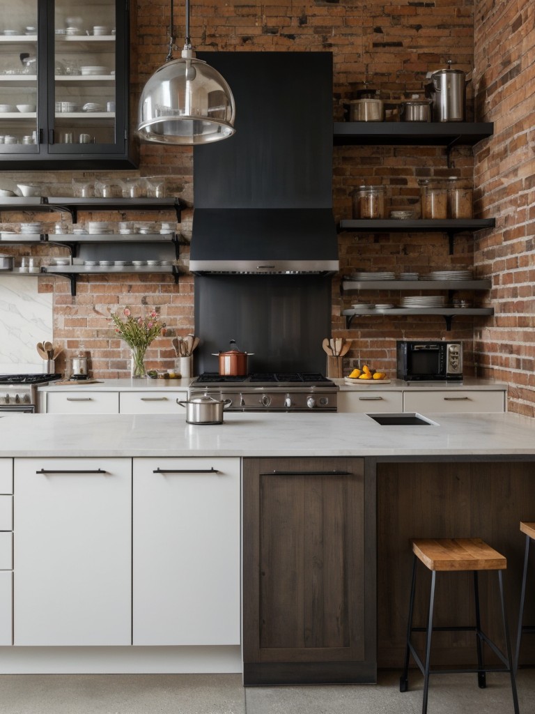 contemporary-kitchen-ideas-bold-contrasting-colors-sleek-appliances-industrial-inspired-features-like-exposed-brick-metal-fixtures