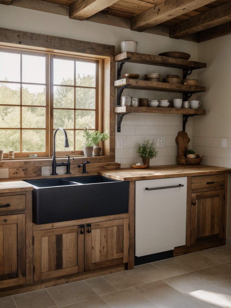 featuring-open-shelving-farmhouse-sink-exposed-wooden-beams
