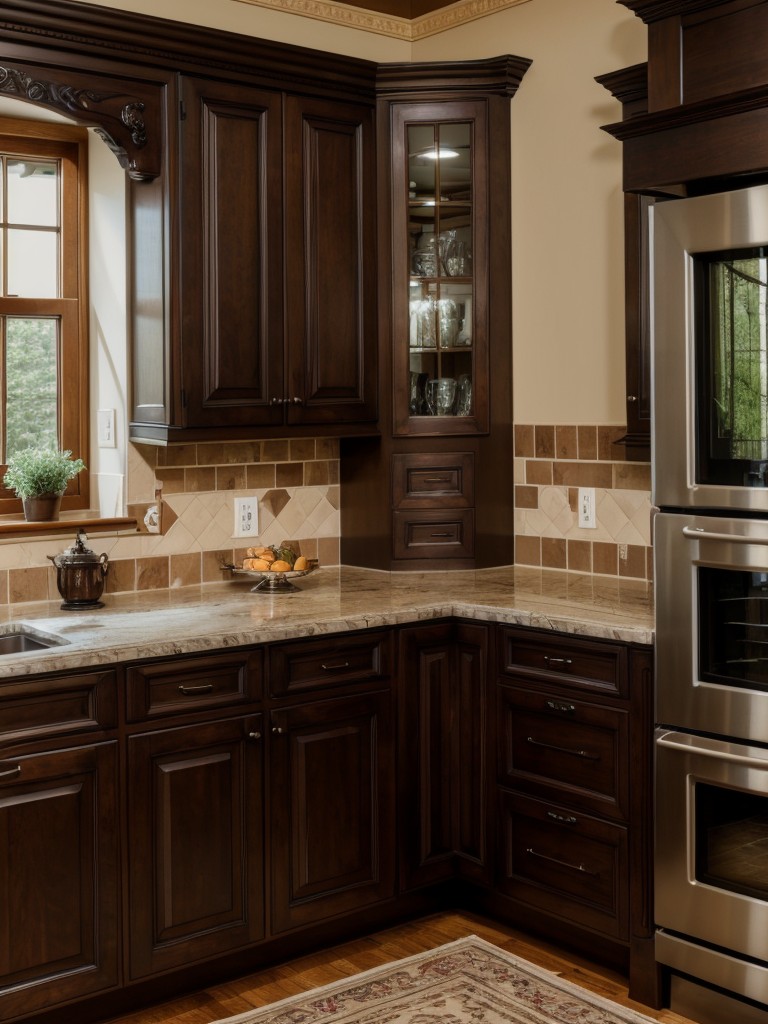 traditional-kitchen-design-featuring-rich-dark-wood-cabinetry-ornate-detailing-decorative-molding-sophisticated-timeless-aesthetic