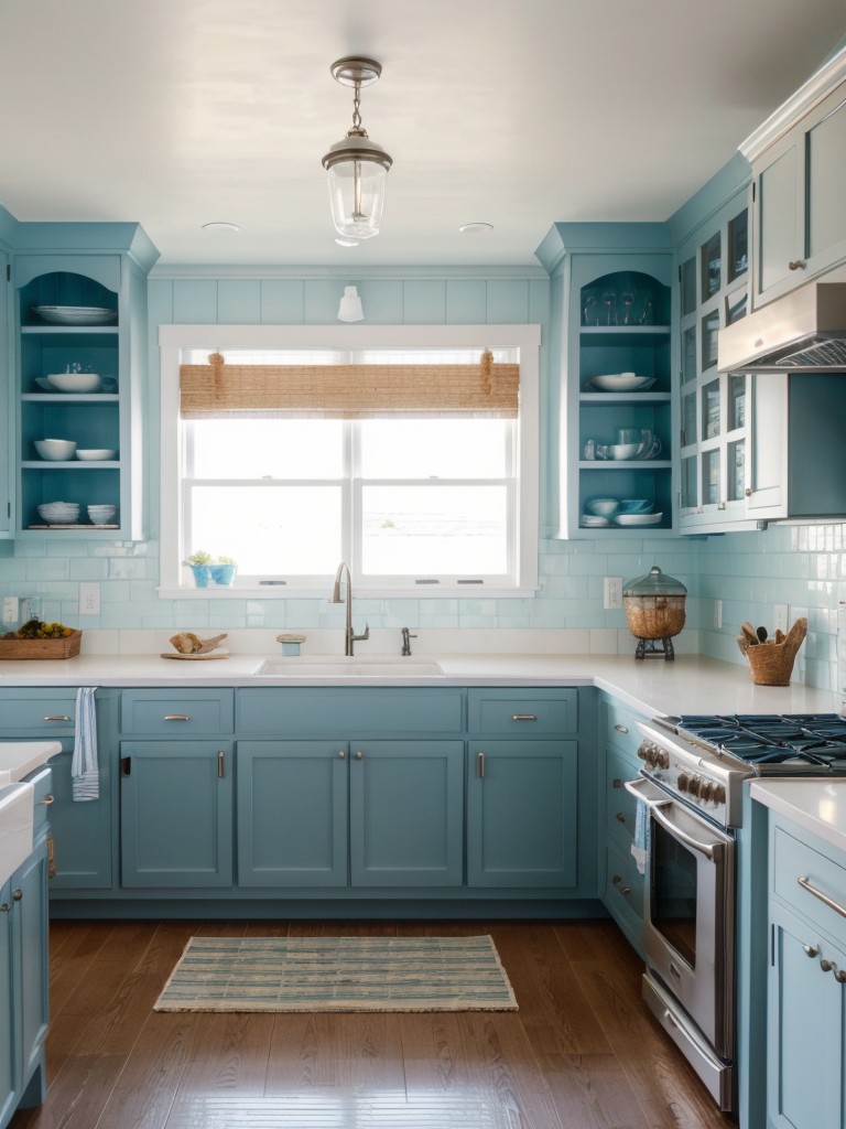 coastal-kitchen-beachy-blue-cabinets-seashell-accents-nautical-inspired-decor