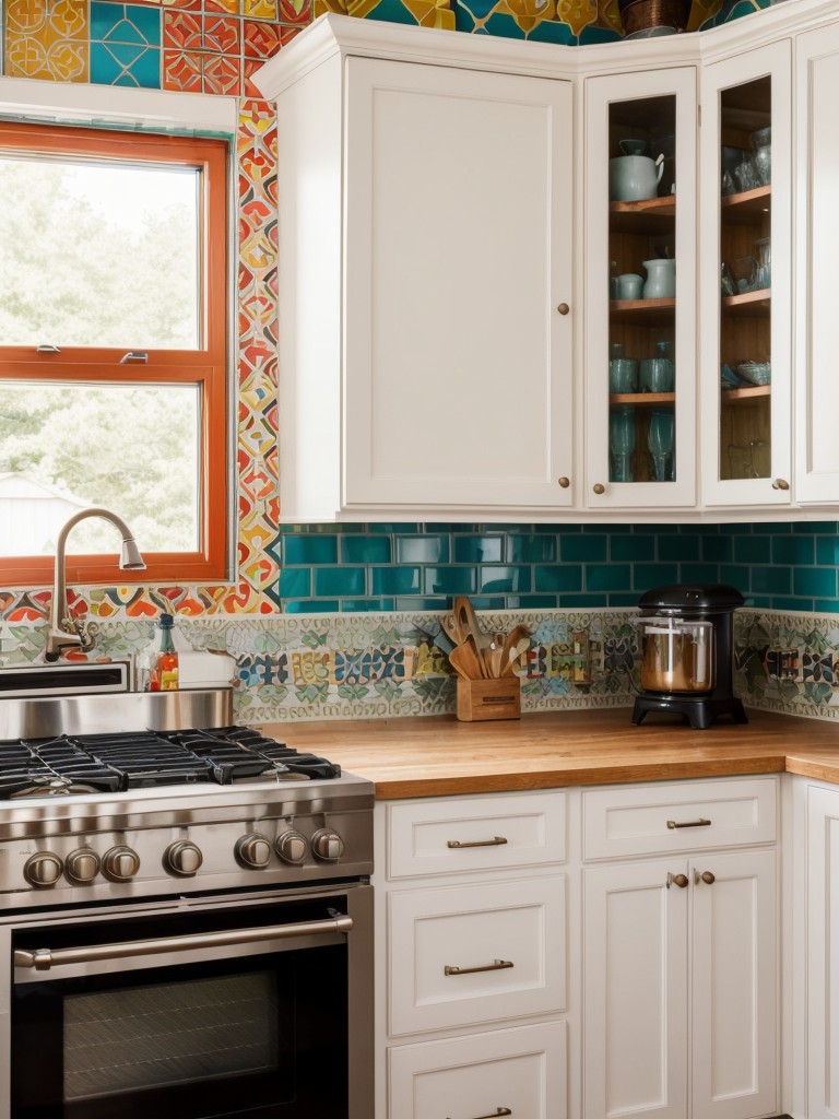 eclectic-kitchen-mix-match-colorful-cabinets-unique-vintage-appliances-bold-patterned-tiles