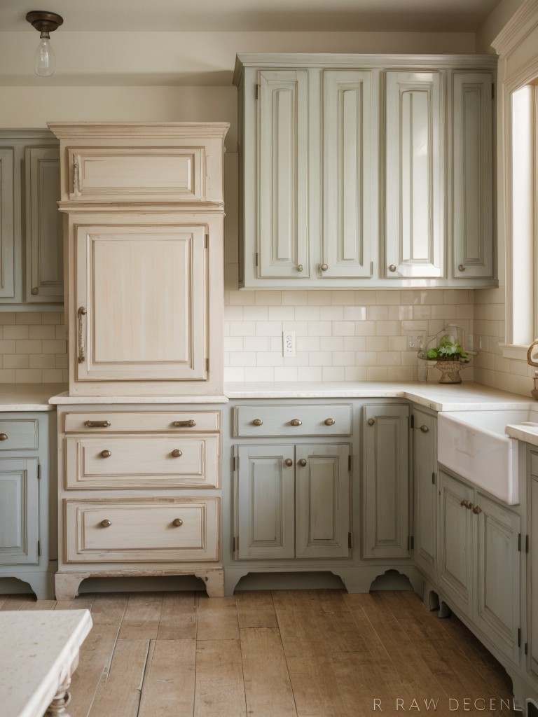 french-country-kitchen-distressed-cabinets-decorative-molding-soft-pastel-colors