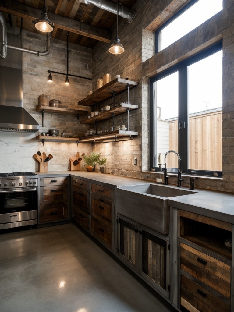 industrial-chic-kitchen-exposed-pipes-concrete-countertops-reclaimed-wood-accents