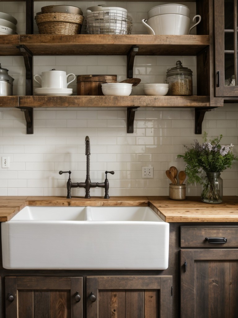 rustic-farmhouse-kitchen-distressed-wood-cabinets-open-shelving-farmhouse-sink