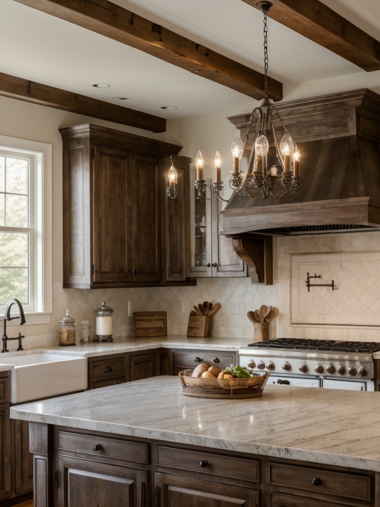 french-country-kitchen-ideas-elegant-rustic-design-featuring-decorative-range-hood-ornate-chandeliers-farmhouse-dining-table
