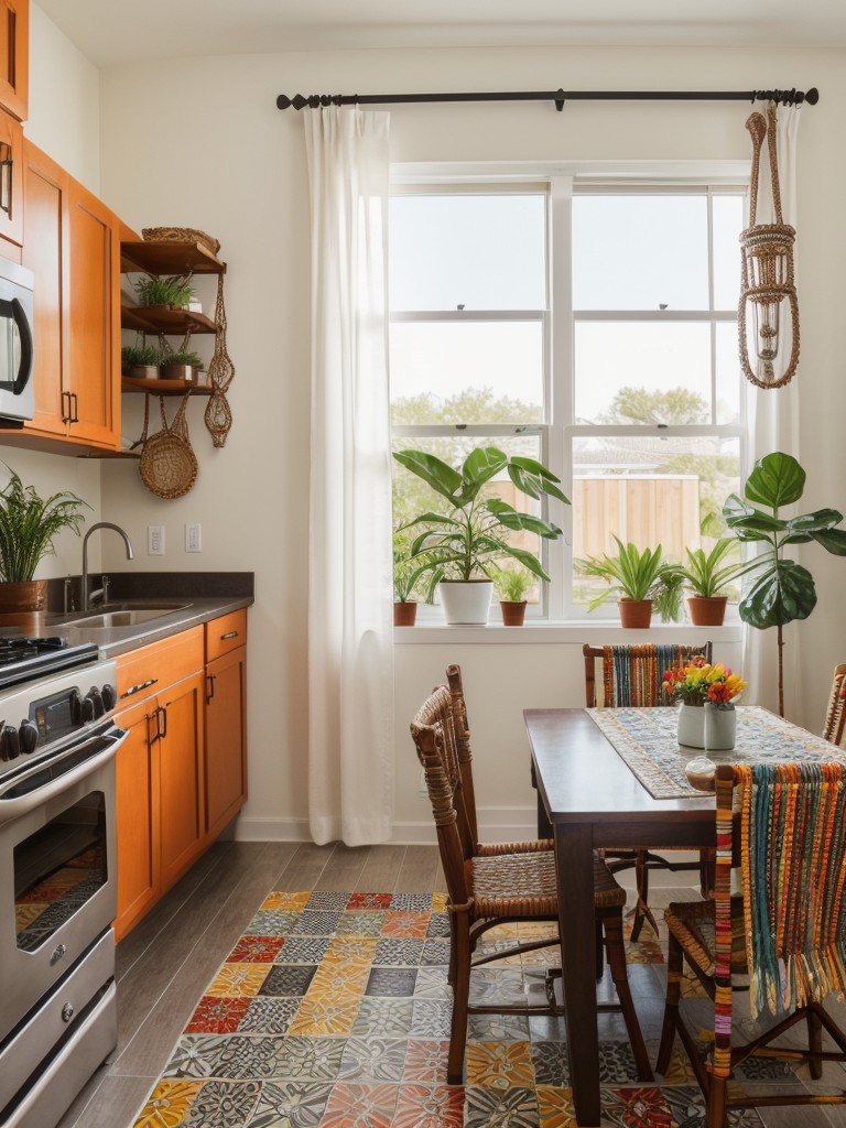 incorporating-macrame-plant-hangers-tribal-patterned-tiles-colorful-mismatched-dinnerware