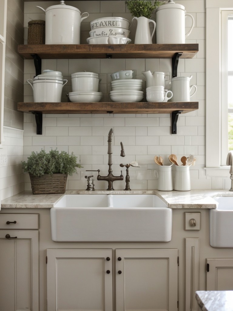 farmhouse-chic-kitchen-ideas-distressed-white-cabinets-subway-tile-backsplash-farmhouse-sink-featuring-open-shelves-displaying-rustic-decor-antique-ki