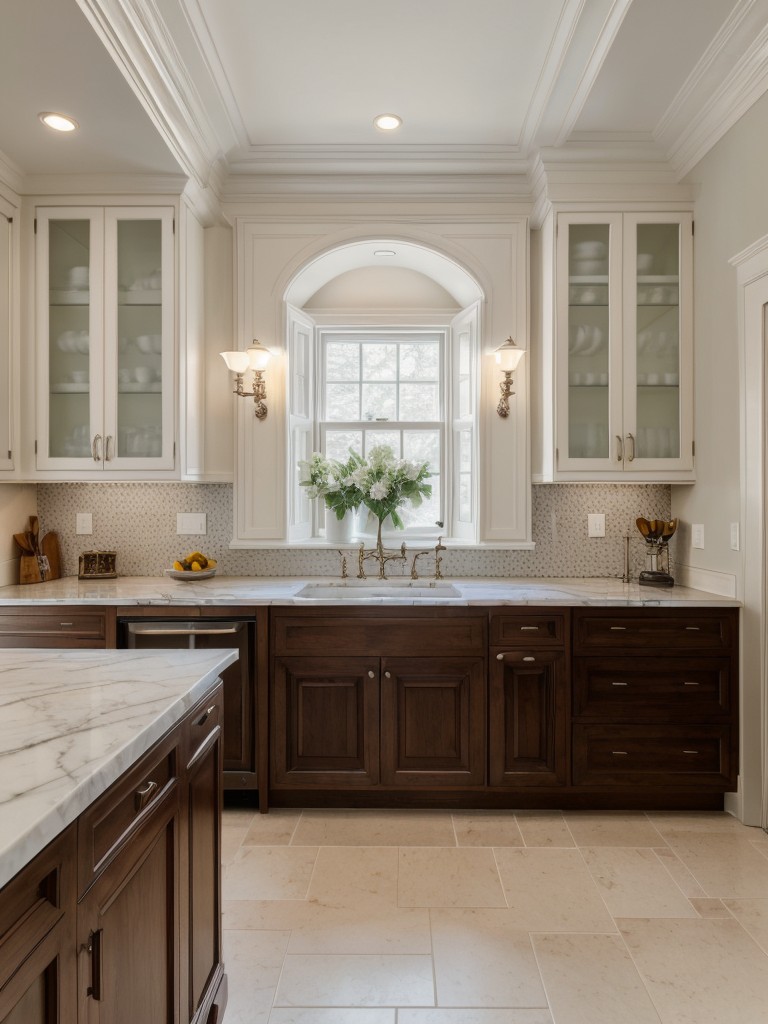 traditional-kitchen-design-featuring-classic-white-cabinetry-marble-countertops-timeless-details-like-crown-molding-ornate-hardware