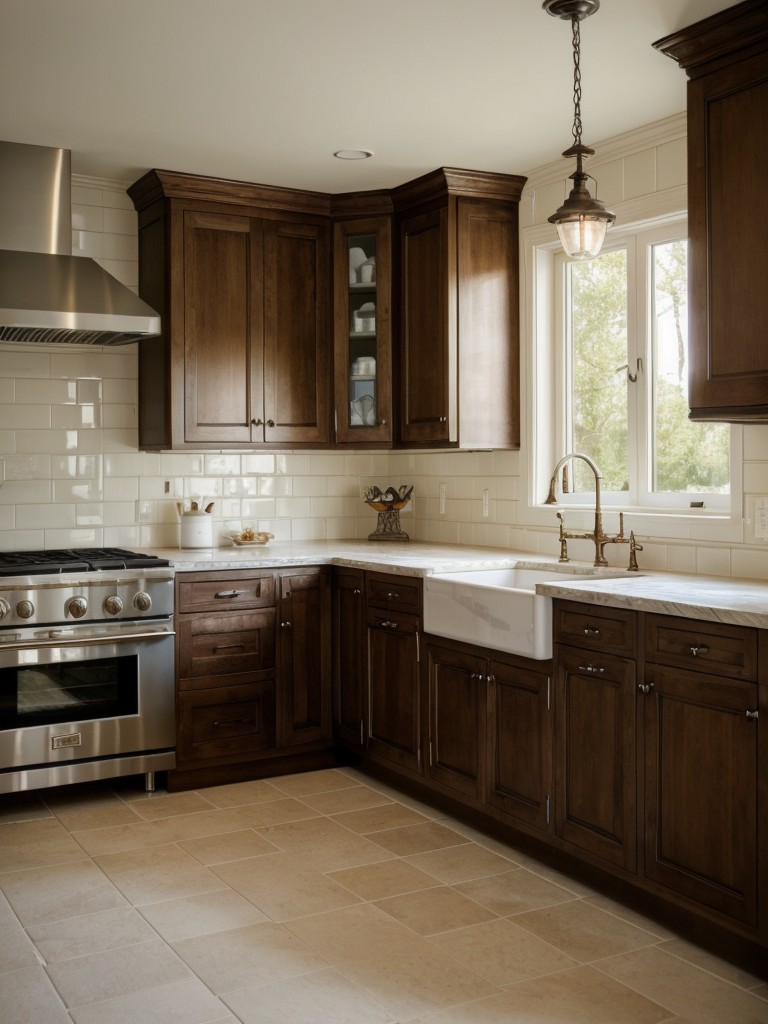 french-country-kitchen-ideas-charming-tile-work-distressed-cabinetry-elegant-lighting-fixtures