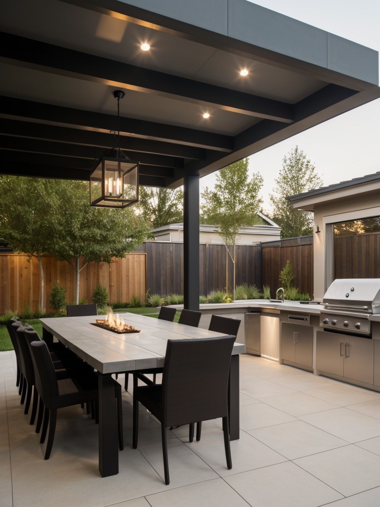 contemporary-backyard-design-sleek-outdoor-lighting-built-grill-dining-area