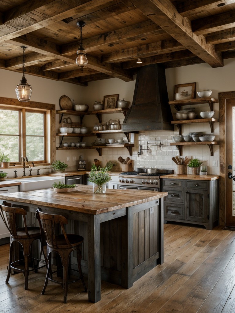 rustic-farmhouse-kitchen-ideas-reclaimed-wood-cabinets-vintage-inspired-pendant-lighting-open-shelving-cozy-welcoming-feel