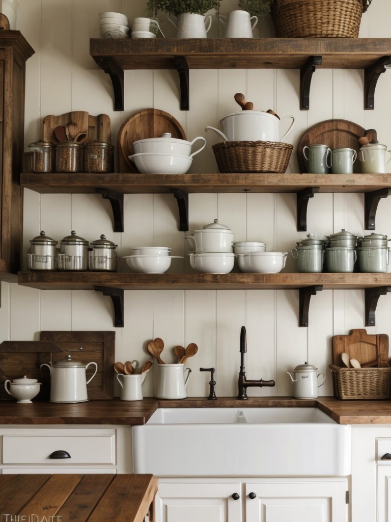 farmhouse-kitchen-ideas-featuring-rustic-elements-vintage-decor-open-shelving-displaying-kitchenware