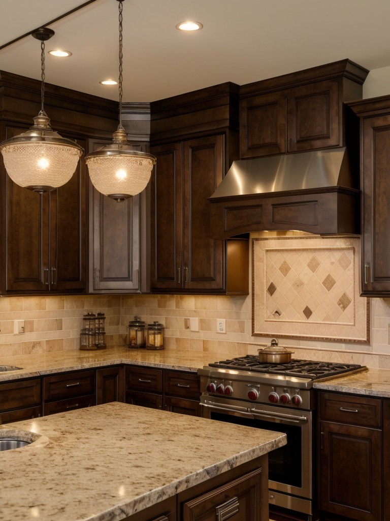 traditional-kitchen-ideas-rich-wood-cabinetry-granite-countertops-classic-pendant-chandeliers-complete-cozy-breakfast-nook-pantry-storage