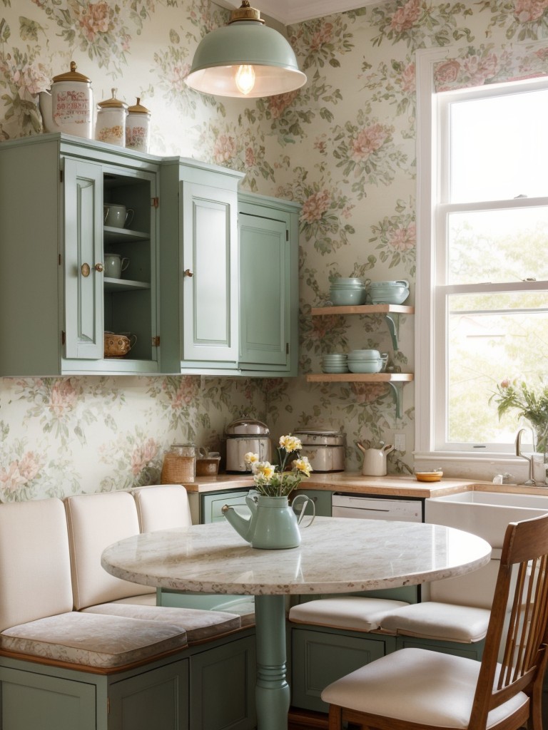 vintage-kitchen-ideas-retro-appliances-pastel-color-scheme-floral-wallpaper-incorporating-vintage-inspired-light-fixtures-cozy-breakfast-nook