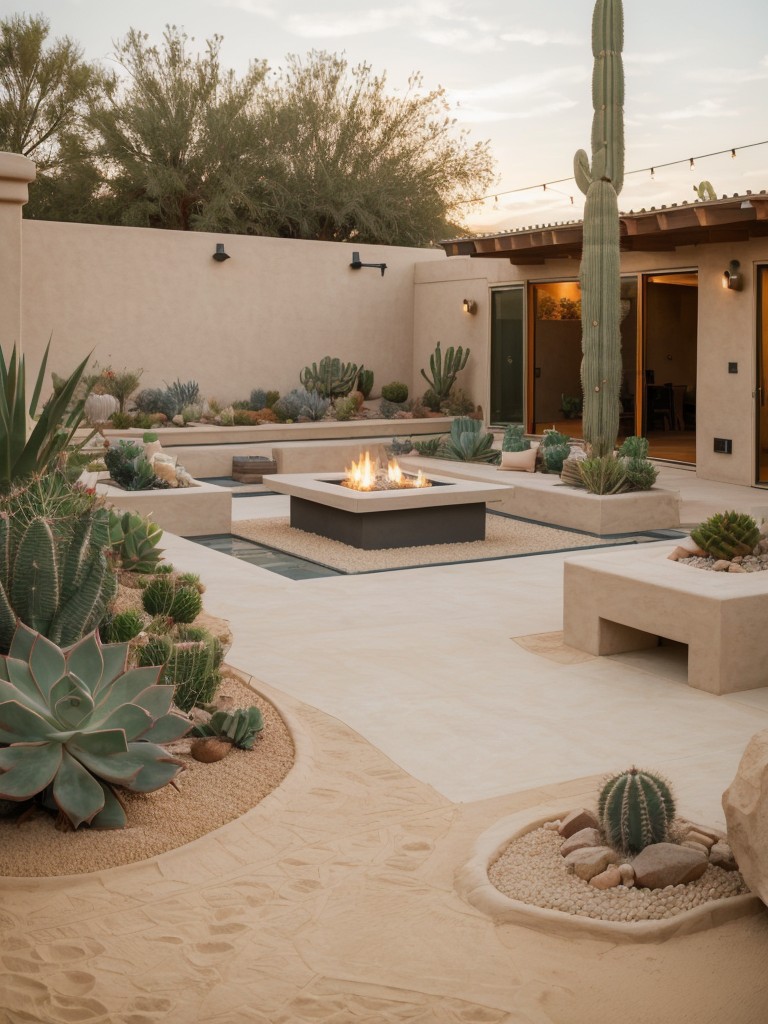 desert-inspired-backyard-design-succulents-cacti-sand-colored-furniture-fire-pit-warm-arid-feel