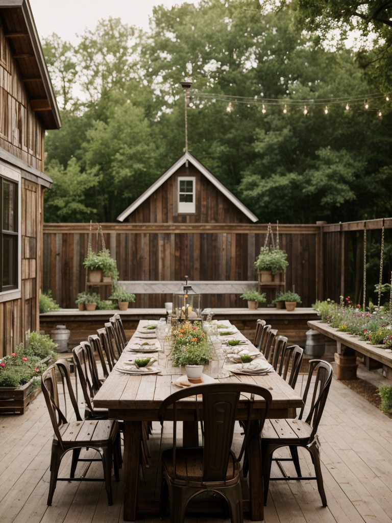 farmhouse-inspired-backyard-rustic-wooden-dining-table-vegetable-garden-porch-swing-charming-nostalgic-ambiance