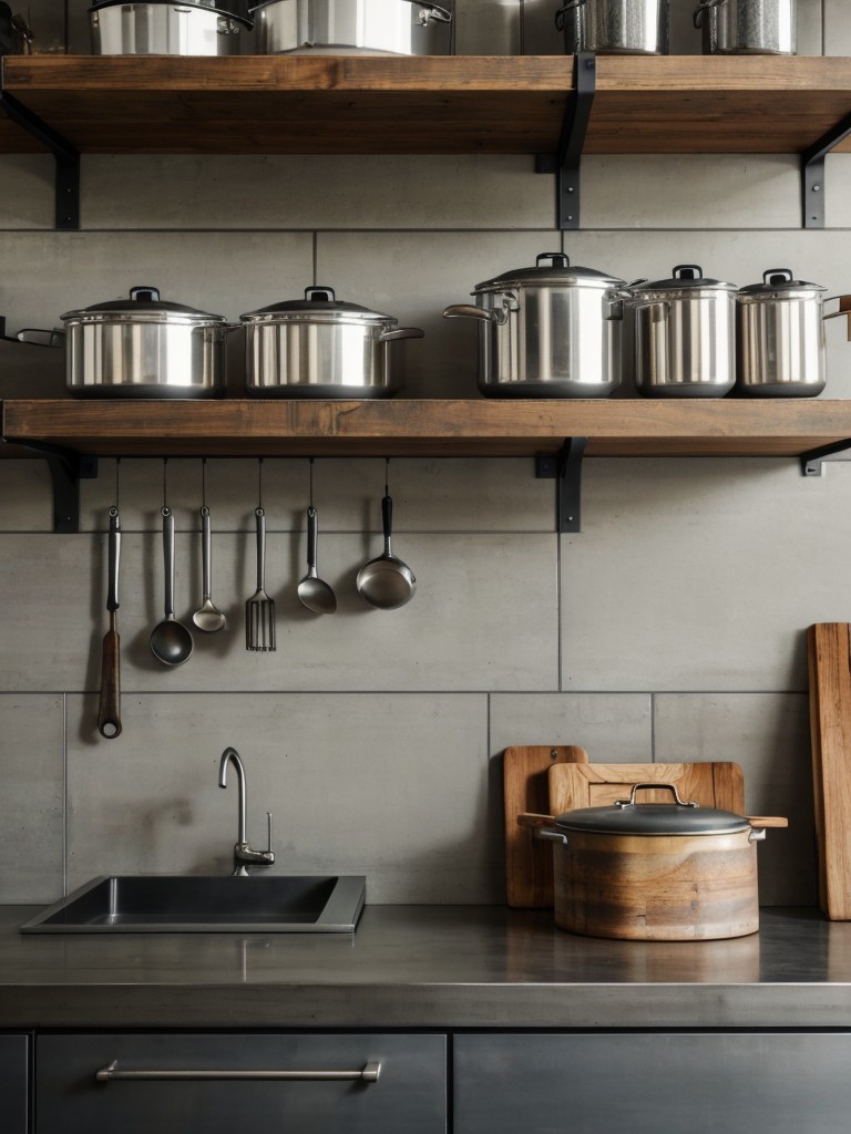 industrial-inspired-kitchen-metal-accents-concrete-countertops-open-shelving-displaying-cookware