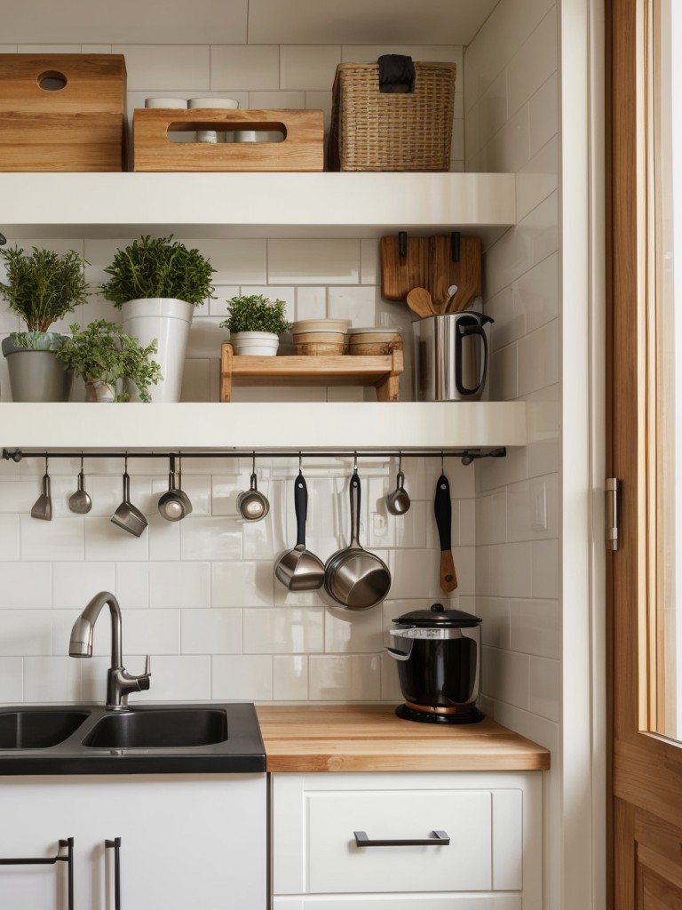 unique-ways-to-utilize-vertical-space-small-kitchen-such-installing-hanging-pot-racks-shelving-units