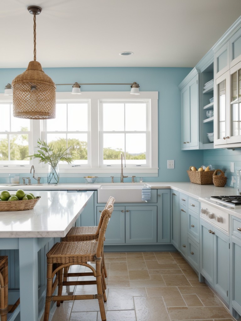 coastal-kitchen-ideas-light-blue-white-color-scheme-nautical-decor-natural-textures-such-rattan-barstools-seashell-accents