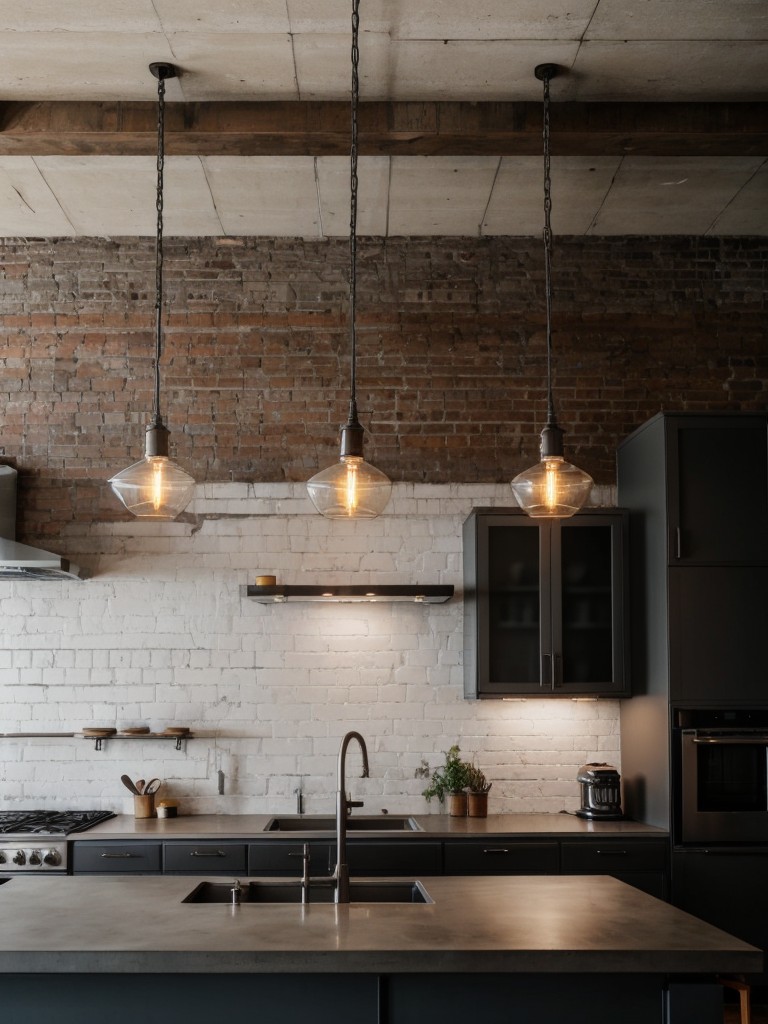 industrial-kitchen-ideas-exposed-brick-walls-metal-pendant-lights-concrete-countertops-stylish-edgy-aesthetic