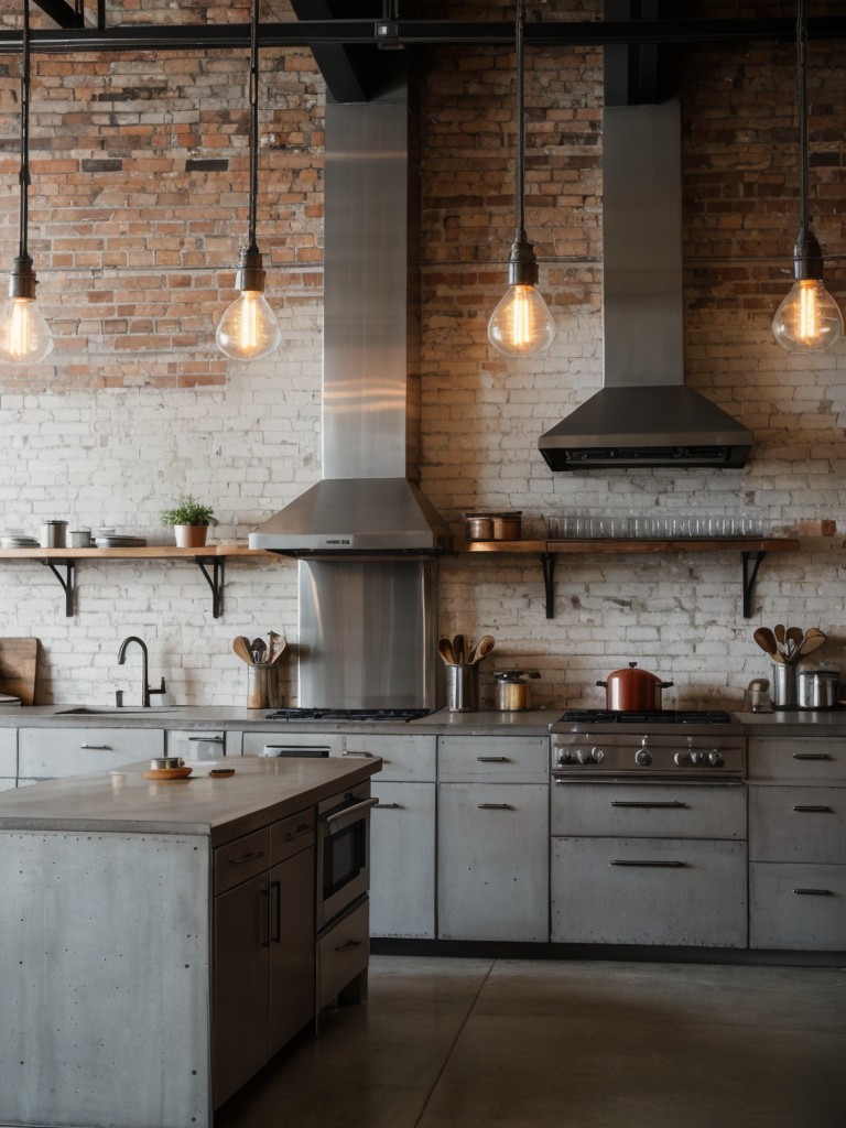 industrial-kitchen-ideas-exposed-brick-walls-stainless-steel-appliances-concrete-countertops-creating-modern-edgy-look-incorporating-vintage-light-fix